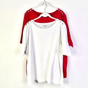 Croft & Barrow Top Tee Women XL White Red 100% Cotton Classic Boatneck Lot of 2
